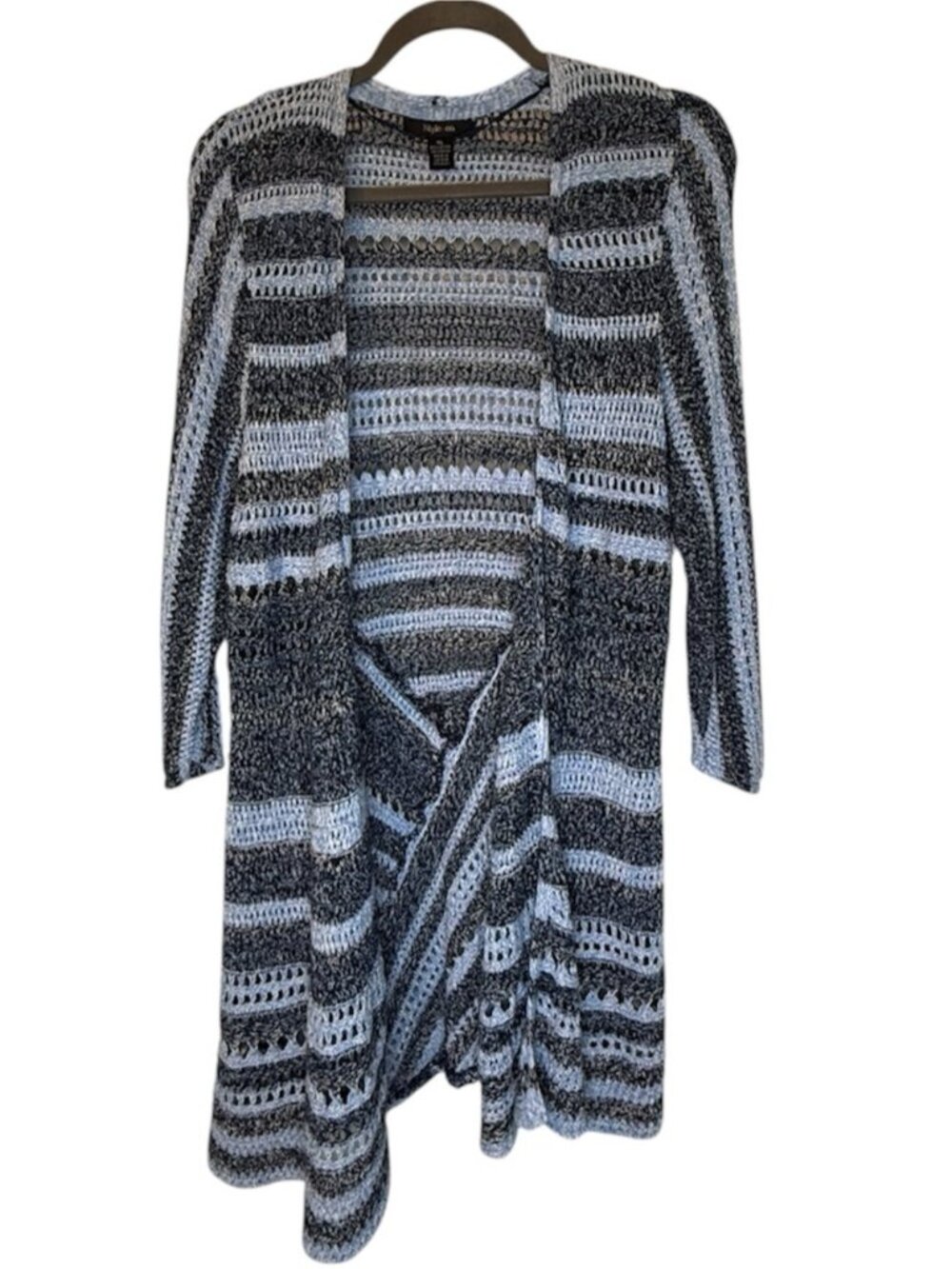 Style & Co. Blue and White Open-Front Striped Crochet Cardigan